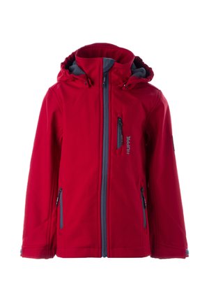Rood hooded kinderjack met grijze ritsen, één borstzak, twee voorzakken en het "HUPPA"-logo op de borst.