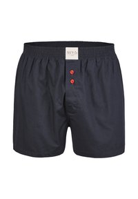 Námořnické bavlněné boxerské šortky s elastickým pasem, s knoflíkovým zapínáním se dvěma červenými knoflíky a štítkem na pasu.