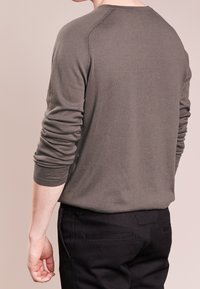 Pullover grigio a maglia con maniche lunghe, caratterizzato da un collo rotondo e polsini a costine. Design minimalista con texture liscia. Paio di jeans neri sotto.