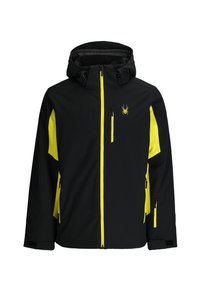 Schwarze und neongelbe wasserdichte Jacke mit Kapuze, ausgestattet mit zwei seitlichen Reißverschluss-Taschen und einer Brusttasche mit Reißverschluss sowie einem Spinnenlogo auf der Brust.