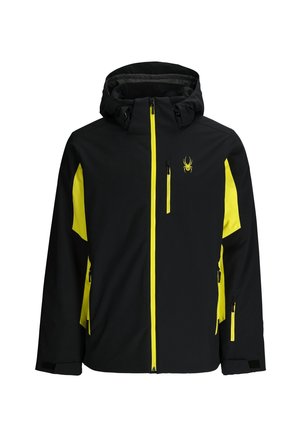 Zwarte en neongele waterdichte jas met capuchon, voorzien van twee zijzakken met ritssluiting en een borstzak met rits, en een spinnenlogo op de borst.