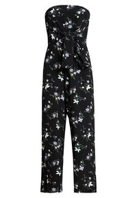 Mono negro sin tirantes con estampado floral en púrpura, blanco y verde. Detalle de nudo en la cintura, diseño de pierna ancha, textura suave.