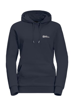 Marineblauwe hoodie met een trekkoordkap, kangoeroezak, geribbelde manchetten en het Jack Wolfskin-logo op de borst in het wit. Gemaakt van zachte stof.