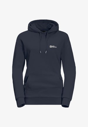 Marineblauwe hoodie met een trekkoordkap, kangoeroezak, geribbelde manchetten en het Jack Wolfskin-logo op de borst in het wit. Gemaakt van zachte stof.