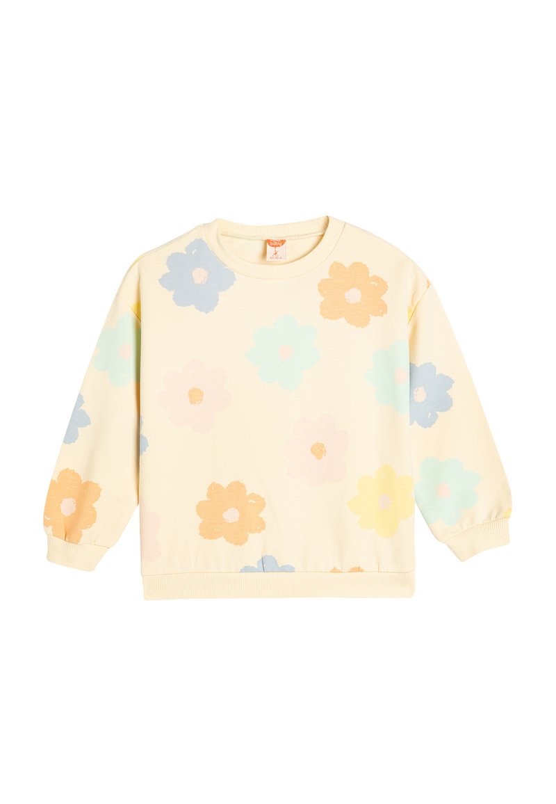 Sudadera de color amarillo claro con patrones de flores multicolores. Presenta puños y dobladillo acanalados, y un clásico cuello redondo. Textura suave.