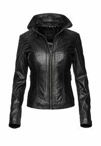 Crna kožna jakna s visokim ovratnikom, uskim dizajnom, vertikalnim šavovima i patentnim zatvaračima na bočnim džepovima. Glatka tekstura, elegantan završetak.