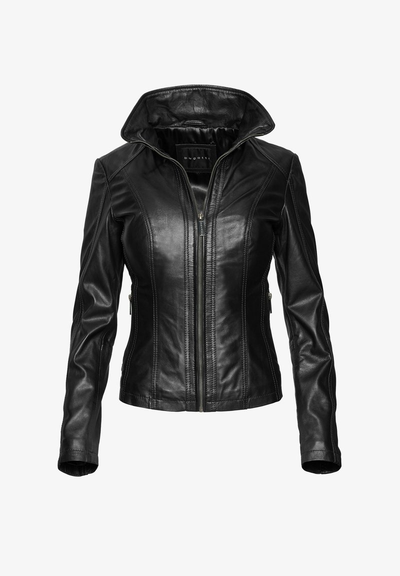 Crna kožna jakna s visokim ovratnikom, uskim dizajnom, vertikalnim šavovima i patentnim zatvaračima na bočnim džepovima. Glatka tekstura, elegantan završetak.