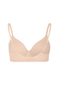 Liivihousut pehmeästä beigeistä kankaasta. Kolmiomaiset kupit, joissa on säädettävät olkaimet ja hakaskiinnitys takana. Sujuva texture, minimaalinen muotoilu.