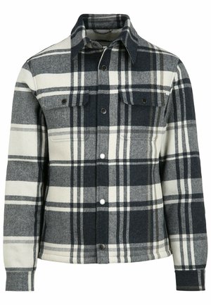 Veste à carreaux noire, blanche et grise à boutons, avec deux poches poitrine et manches longues, style col classique.