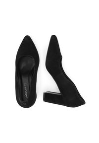 Pantofi cu toc înalt din suede negru, cu vârf ascuțit și toc gros. Interior neted și design minimalist fără embellishments.