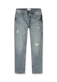 Lichtblauwe denim jeans met een rechte snit, voorzien van versleten scheuren en vervaagde plekken, vijf zakken en een knopenfly sluiting.