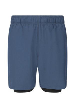 Blå træningsshorts med elastisk linning og indbygget sort kompressionsfor, vist mod en ensfarvet hvid baggrund.