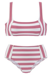 Bikini-Set mit pink-weißen Streifen, bestehend aus einem Oberteil mit quadratischem Ausschnitt und breiten Trägern sowie einem hochgeschnittenen Unterteil. Hergestellt aus weichem, elastischem Material.