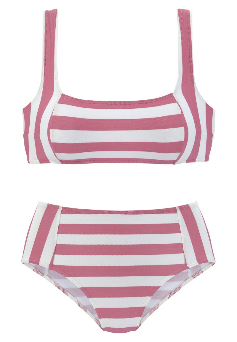 Bikini-Set mit pink-weißen Streifen, bestehend aus einem Oberteil mit quadratischem Ausschnitt und breiten Trägern sowie einem hochgeschnittenen Unterteil. Hergestellt aus weichem, elastischem Material.