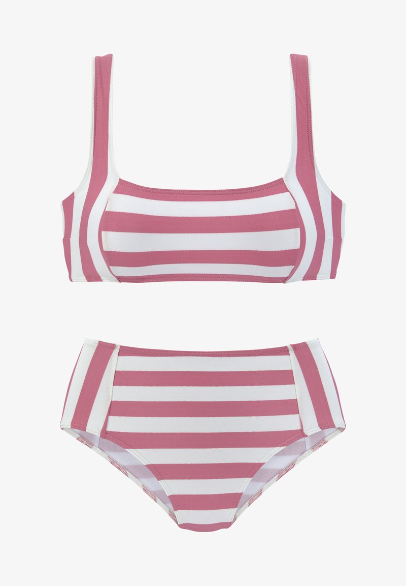Completo bikini a righe rosa e bianche con top a scollo quadrato e spalline larghe, e design a vita alta. Tessuto morbido e elastico.