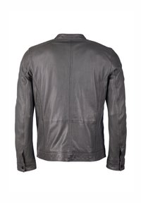 Szara skórzana kurtka o prostym designie, z kołnierzem typu stójka, długimi rękawami i widocznymi szwami na plecach.