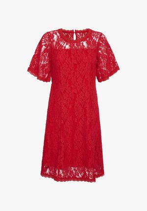 Abito rosso in pizzo con maniche corte e trasparenti, scollatura tonda e chiusura a chiave sulla schiena. Motivo floreale su tutta la superficie. Orlo smerlato.