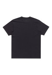 Camiseta de algodón negra con mangas cortas y escote redondo. Espalda lisa sin patrones ni características adicionales.