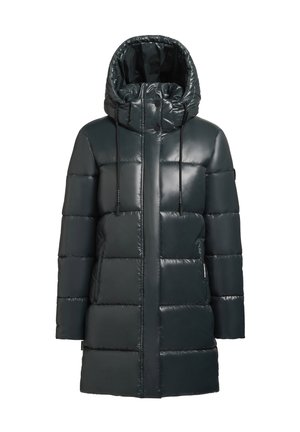 Padded dark green puff jacket with a glossy finish, attached hood, front snap closure, and drawstrings, featuring a boxy silhouette.