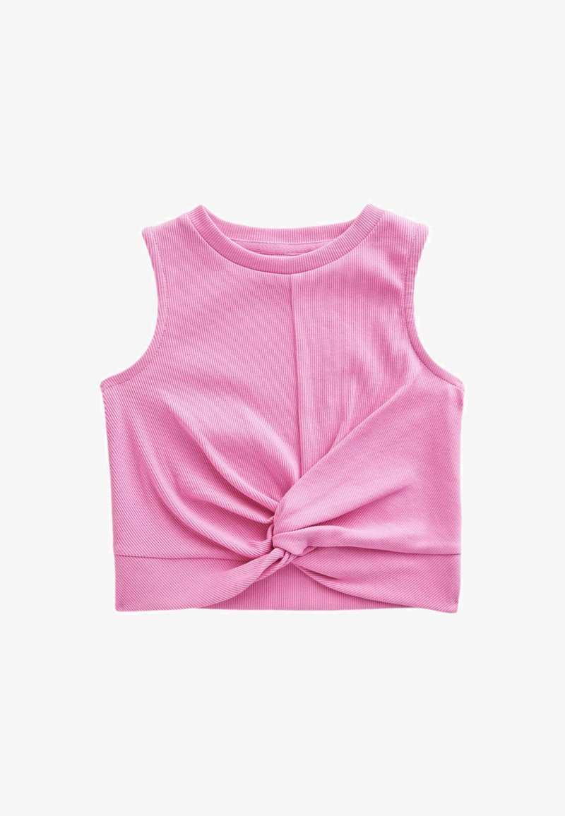 Top corto rosa senza maniche con scollatura rotonda e dettaglio nodo twist frontale, realizzato in tessuto a coste su sfondo bianco.
