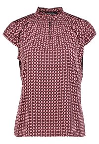 Ärmellose Bluse mit rotem und weißem Diamantmuster, gerafftem Ausschnitt und kleinem Schlitz vorne.