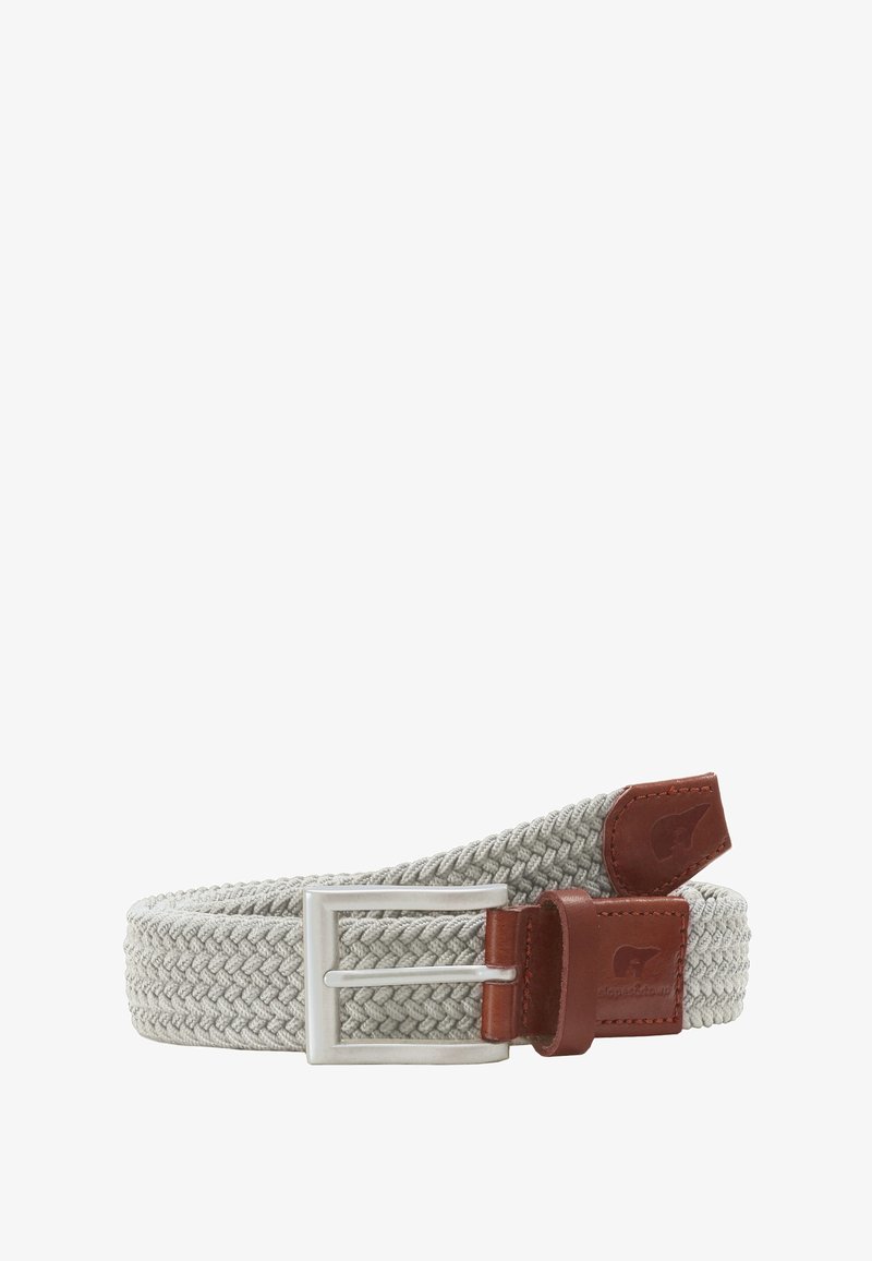 Cintura intrecciata grigia chiara in materiale elastico, con fibbia in metallo argento e dettagli in pelle marrone alle estremità.