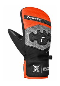 Schwarze und orange Handschuh mit strukturierter Oberfläche, ausgestattet mit einem gemusterten Griff und Logo. Enthält einen verstellbaren Handgelenkriemen für einen sicheren Sitz.