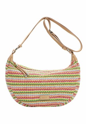 Farverig vævet skuldertaske med en buet form, tan justerbar strop, lynlåslukning og lille "RUE 09" læderlabel.