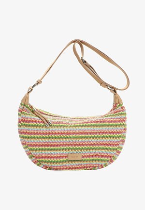 Bolso de hombro de tela tejida colorida con forma curva, correa ajustable en color marrón claro, cierre de cremallera y pequeña etiqueta de cuero con la inscripción "RUE 09".