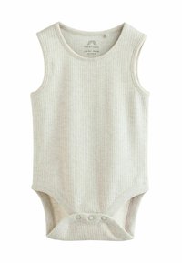 Light grey, ribbed baby bodysuit with no sleeves, rounded neckline, and snap closures at the bottom for easy dressing. Soft cotton material.