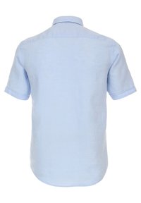 Light blue short-sleeve shirt, featuring a classic collar, smooth linen texture, and a curved hemline. Plain design without patterns.
