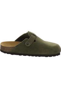 Green suede clog with a cork footbed, flat rubber sole, and side buckle detail. Open heel design and rounded toe shape.