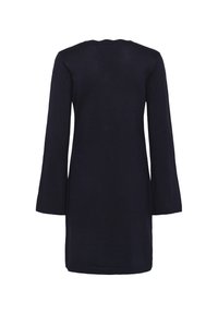 Abito in maglia blu navy a maniche lunghe con silhouette dritta, mostrato da dietro su uno sfondo bianco.