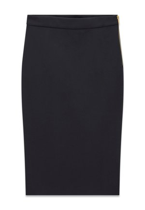 Zwarte kokerrok tot op de knie met een nauwsluitende taille en een gouden ritsdetail aan de rechterkant.