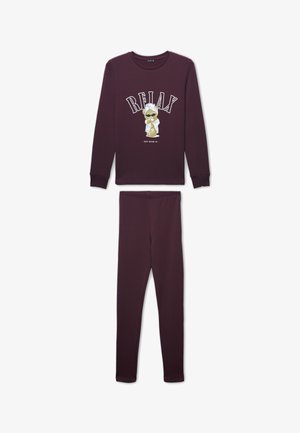 Set di top a maniche lunghe e pantaloni abbinati di colore viola scuro, il top mostra un cane con occhiali da sole e un asciugamano, il testo recita "RILASSATI" e "SUPERALO".