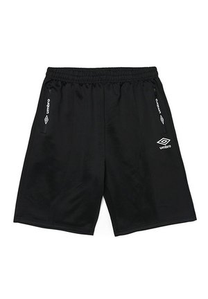 Černé sportovní šortky vyrobené z lehkého materiálu, s elastickým pasem a bočními zipovými kapsami. Na přední straně je bílý logo.