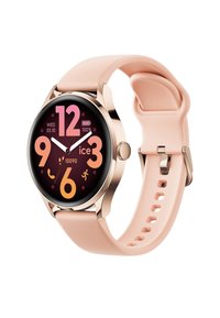 Ronde smartwatch met een zwart gezicht, roségouden accenten en grote roze en oranje cijfers. Zachte roze silicone band, verstelbaar met een pin.