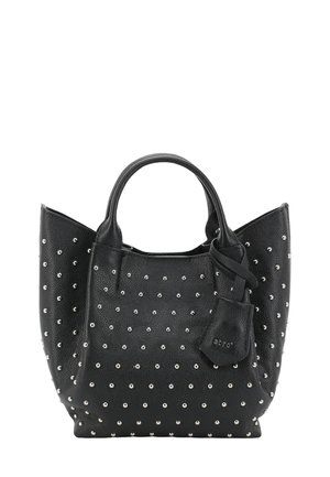 Black leather tote bag with a textured finish, embellished with silver studs, dual handles, and a detachable small pouch.