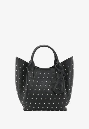 Black leather tote bag with a textured finish, embellished with silver studs, dual handles, and a detachable small pouch.