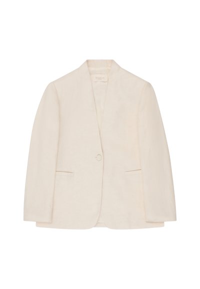 Crèmekleurig damesblazer met enkele knoopsluiting, twee voorzakken met openingen en kraag zonder inkeping, weergegeven op een witte achtergrond.