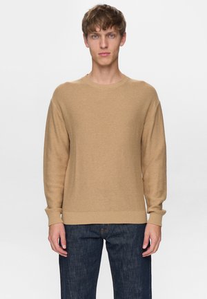 Jonge man met kort bruin haar, die een effen beige trui met lange mouwen en donkerblauwe spijkerbroek draagt, staand tegen een witte achtergrond.