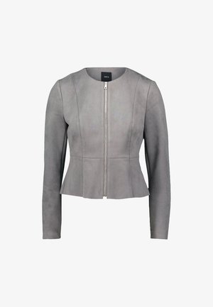 Light gray, fitted jacket made of suede-like material. Features a round neckline, long sleeves, and a front zipper with a peplum hem.