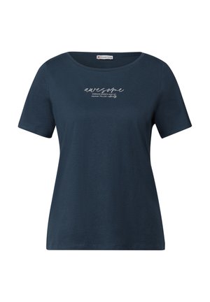 T-shirt bleu marine en coton, avec un col rond et des manches courtes. Le design à l'avant comprend un texte blanc avec une citation motivante.