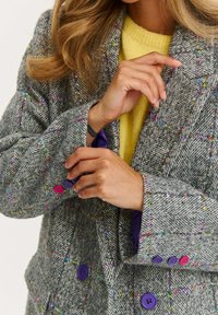 Ruce upravují manžetu šedé kostkované blazeru s barevným prošíváním a fialovými a růžovými knoflíky, nošeného přes žlutý pletený svetr.