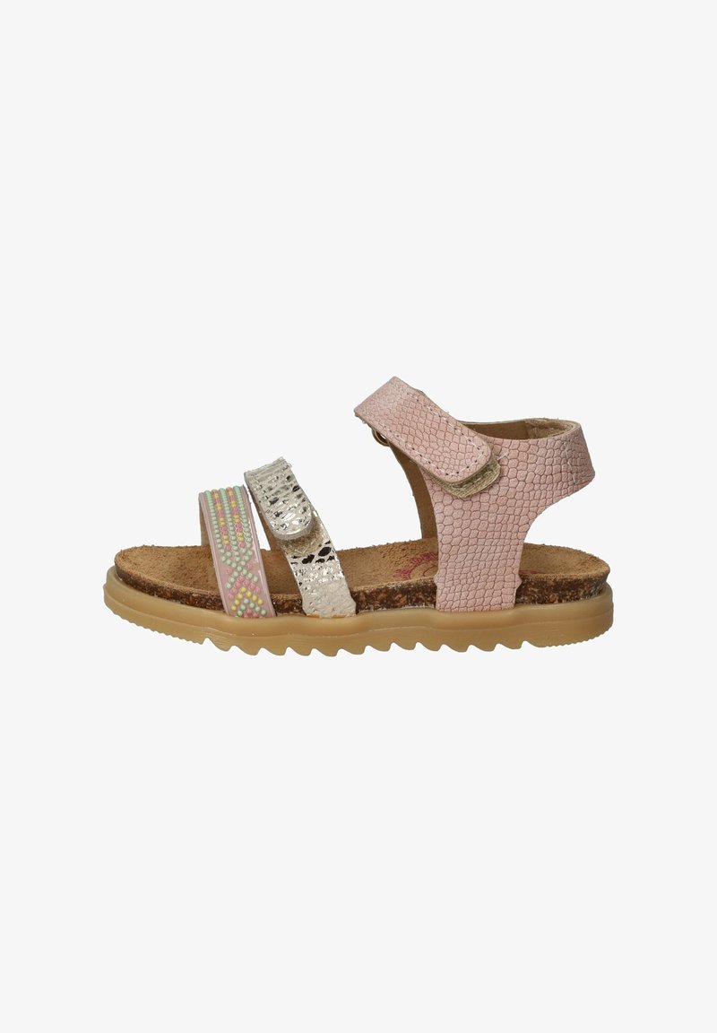 Roze leren sandalen met gestructureerde banden, zilveren accenten en kleurrijke kralen. Korken voetbed op een tan rubberen zool met een geribbeld patroon.