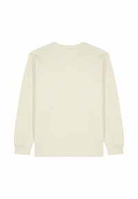 Chemise à manches longues en coton écru, avec un col rond, des poignets côtelés et une texture lisse. Design simple et sans ornements.