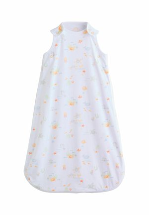 Weißer ärmelloser Baby-Schlafsack mit orange-grauen Mustern von Meerestieren und Korallen, Druckknöpfe an den Schultern.