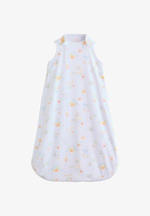 Weißer ärmelloser Baby-Schlafsack mit orange-grauen Mustern von Meerestieren und Korallen, Druckknöpfe an den Schultern.