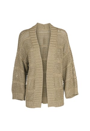 Cardigan lavorato a maglia beige con apertura frontale, caratterizzato da una trama testurizzata, maniche ampie e orli e polsini a costine. Design leggero e traspirante.