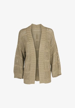 Beige knitted cardigan with an open front, featuring a textured pattern, wide sleeves, and ribbed hem and cuffs. Lightweight and breathable design.